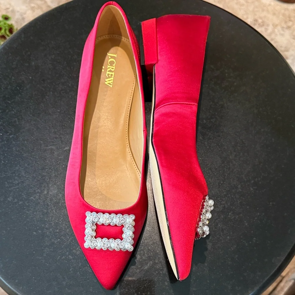 J.Crew Women’s BU507 Red Satin Pointed Toe Jeweled Buckle Evening Flats 10 NEW